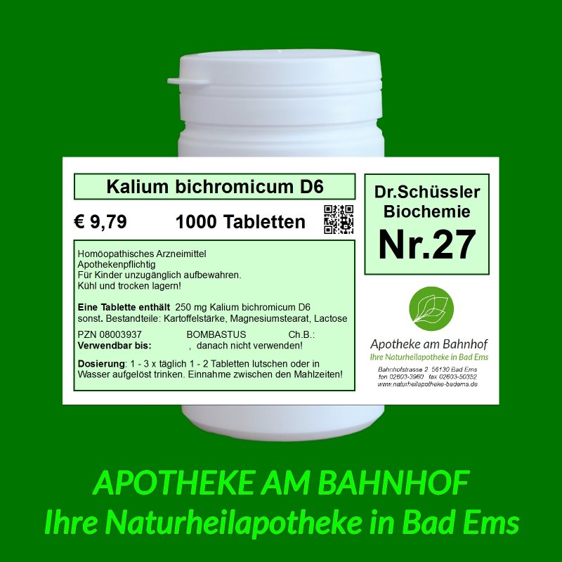 SchüßlerSalz Nr.27 Kalium bichromicum D6 1000 Tabletten Bombastus Naturheilapotheke Bad Ems SchüßlerSalz Nr.27 Kalium bichromicum D6 1000 Tabletten Bombastus Naturheilapotheke Bad Ems