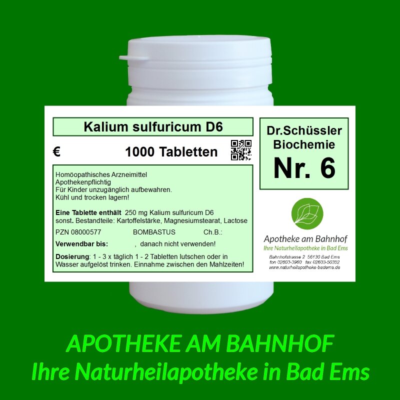 SchüßlerSalz Nr.6 Kalium sulfuricum D6 1000 Tabletten Bombastus Naturheilapotheke Bad Ems