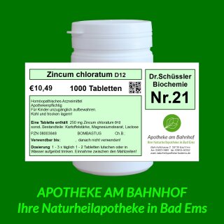Schüßler-Salz Nr.21 Zincum chloratum D6 - 1000 Tabletten Bombastus