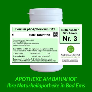 Schüßler-Salz Nr.3 Ferrum phosphoricum D12 - 1000 Tabletten Bombastus